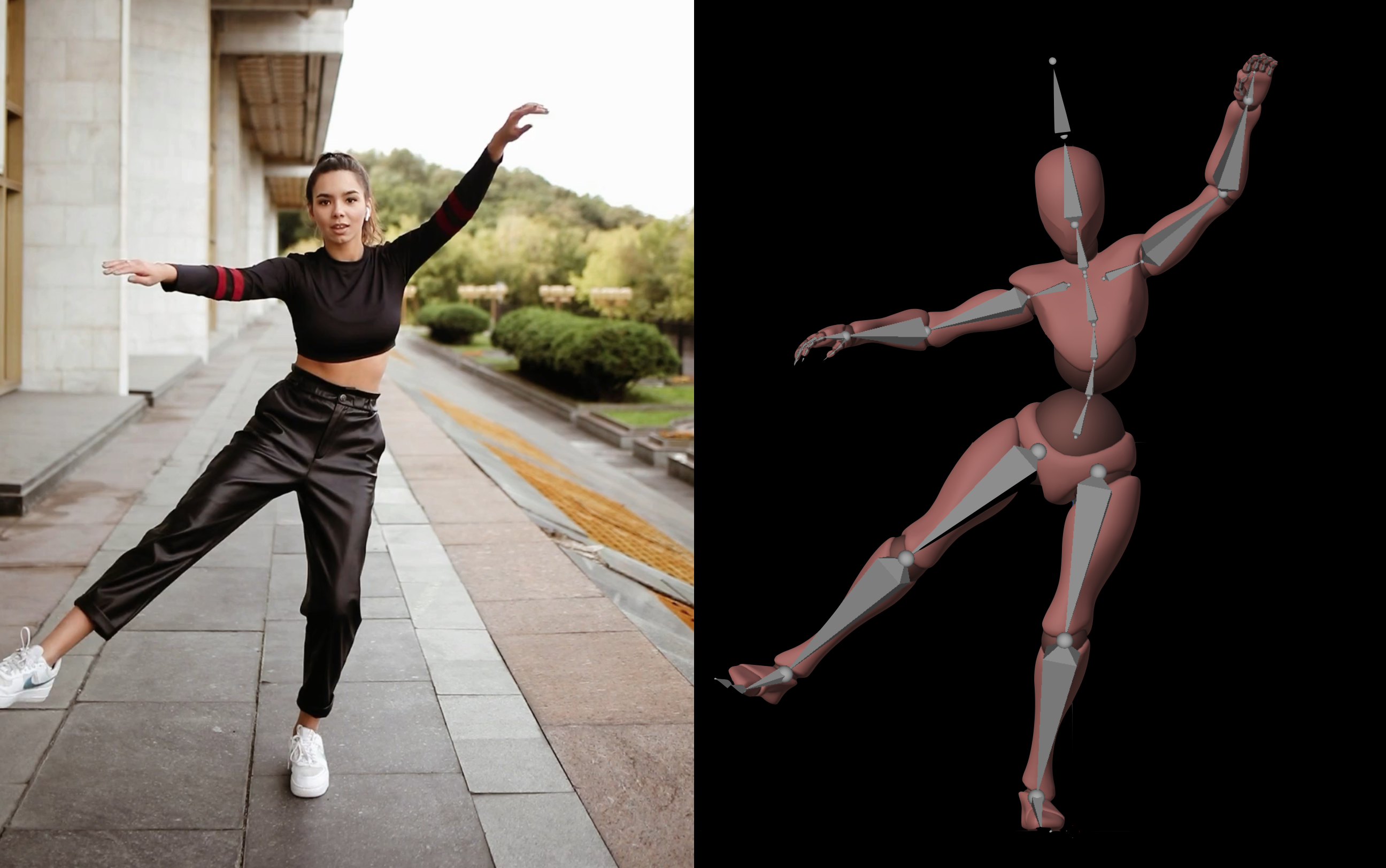 Motion-captured performer with rig overlay