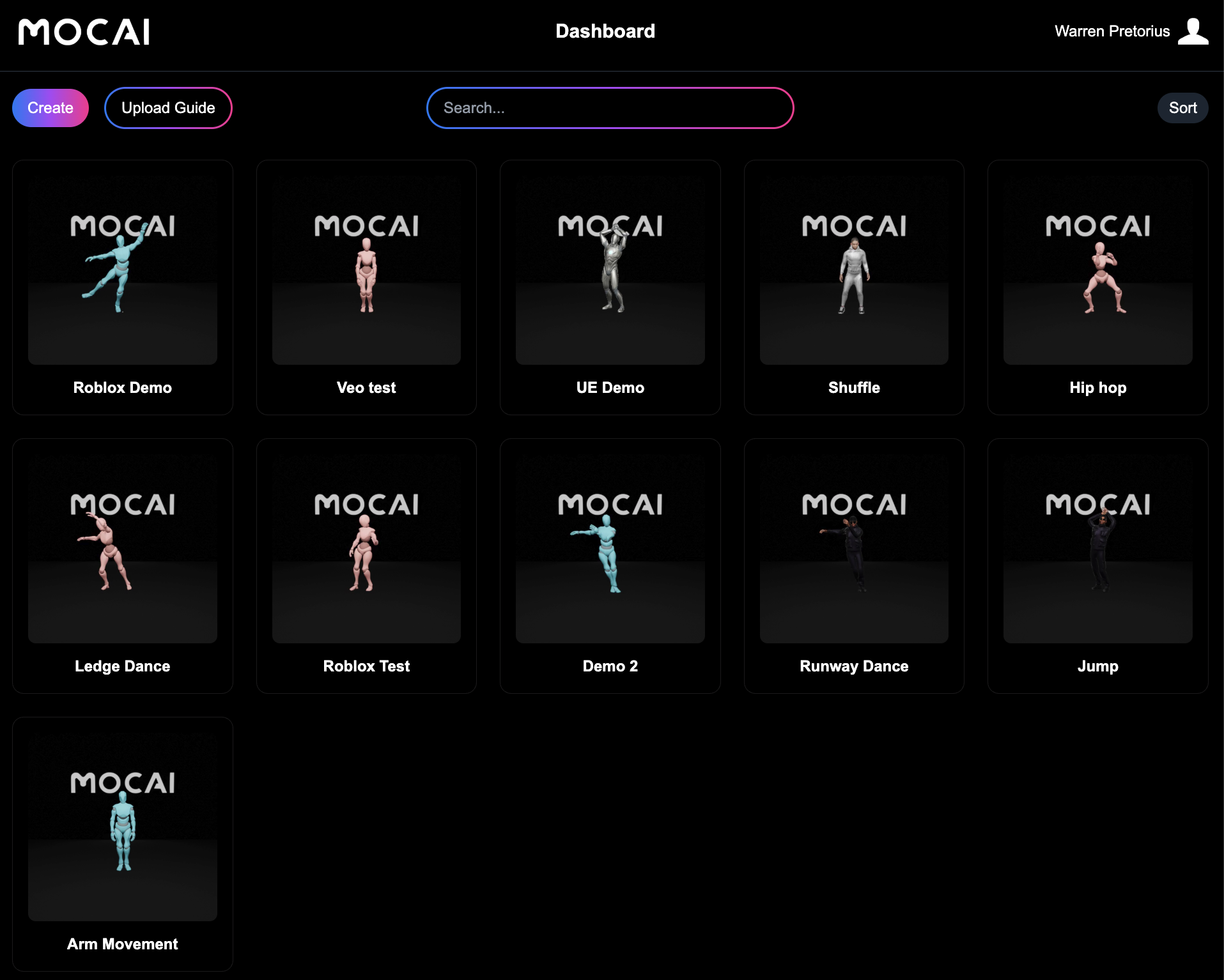 Mocai export dashboard showing FBX, GLB, BVH options